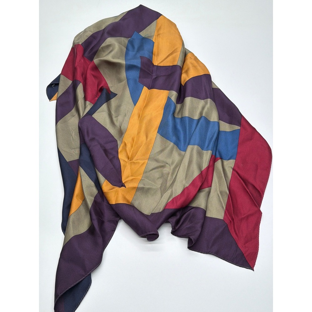 Vintage Geometric Abstract Square Silk Scarf Multicolor Colorblock 34x34 Large - Picture 7 of 7